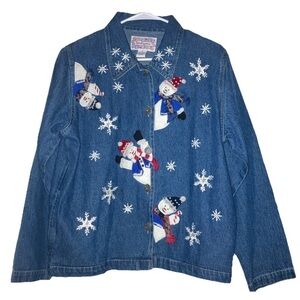 VTG Tantrums denim Christmas shirt embroidered snowmen & Snowflakes Women’s S